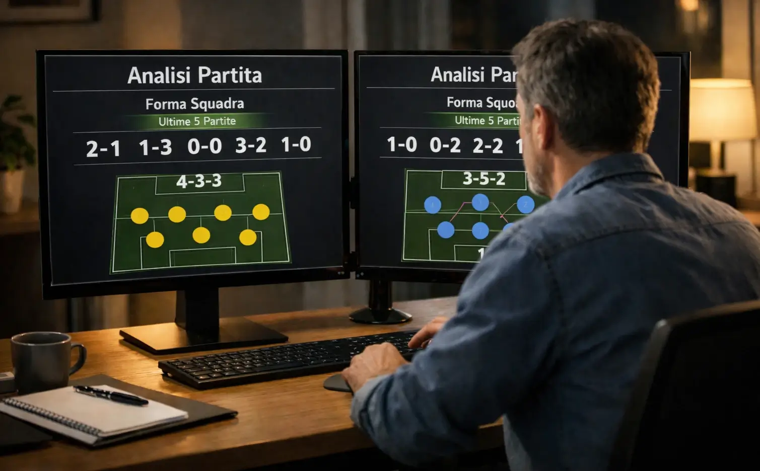 Analista sportivo che studia statistiche partite di calcio