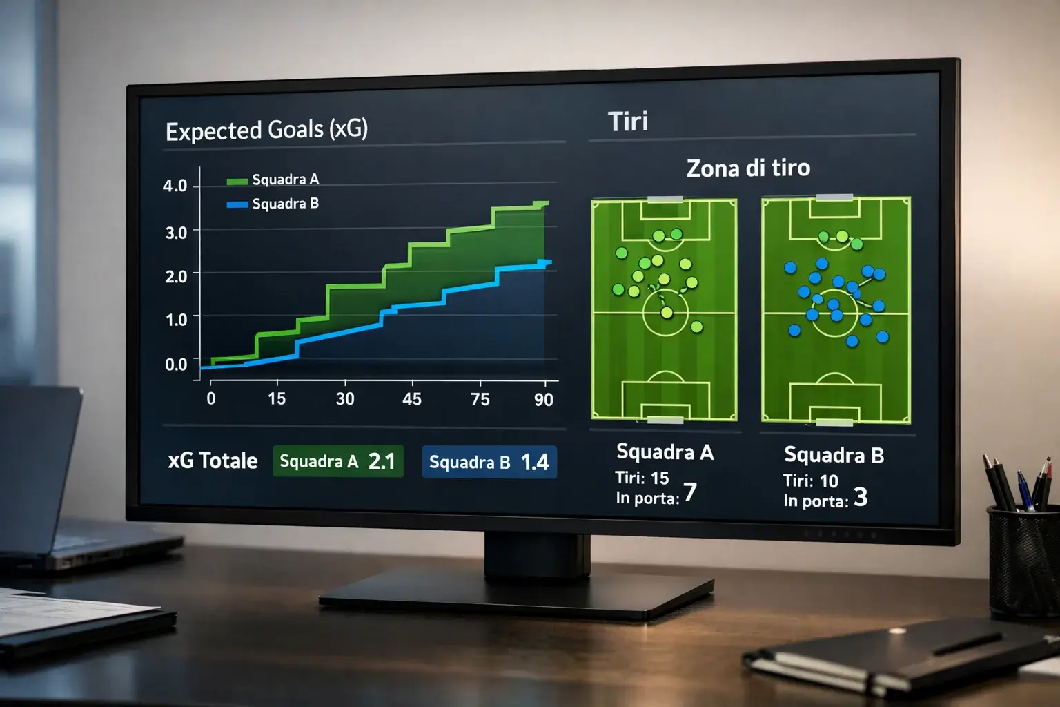 Schermo con grafici xG e statistiche avanzate calcio