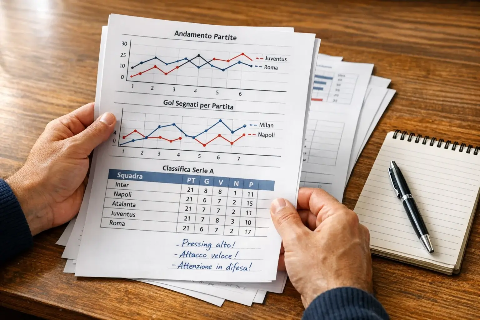 Persona analizza statistiche calcistiche su documenti e appunti