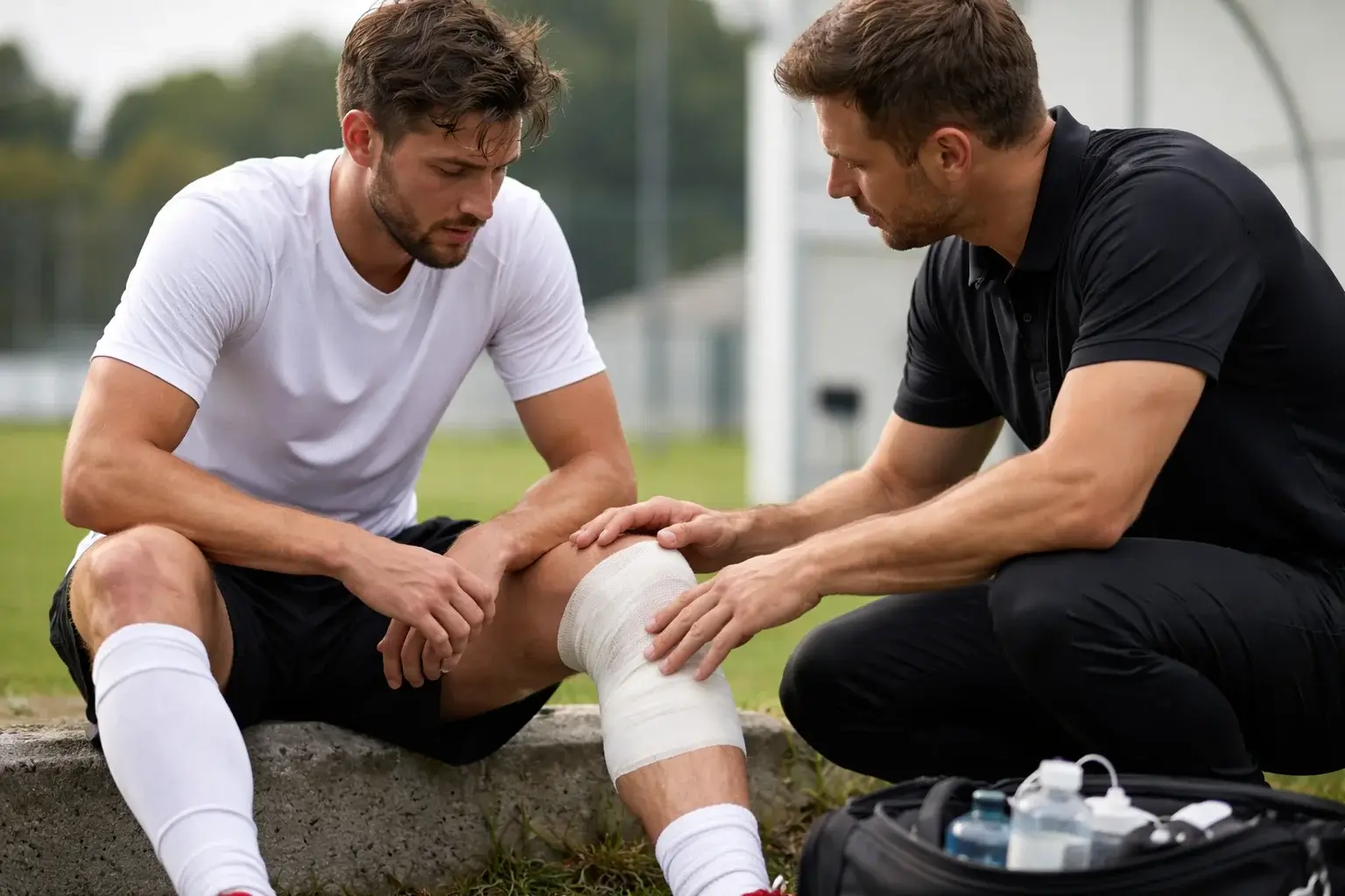 Giocatore di calcio con fasciatura che indica infortunio