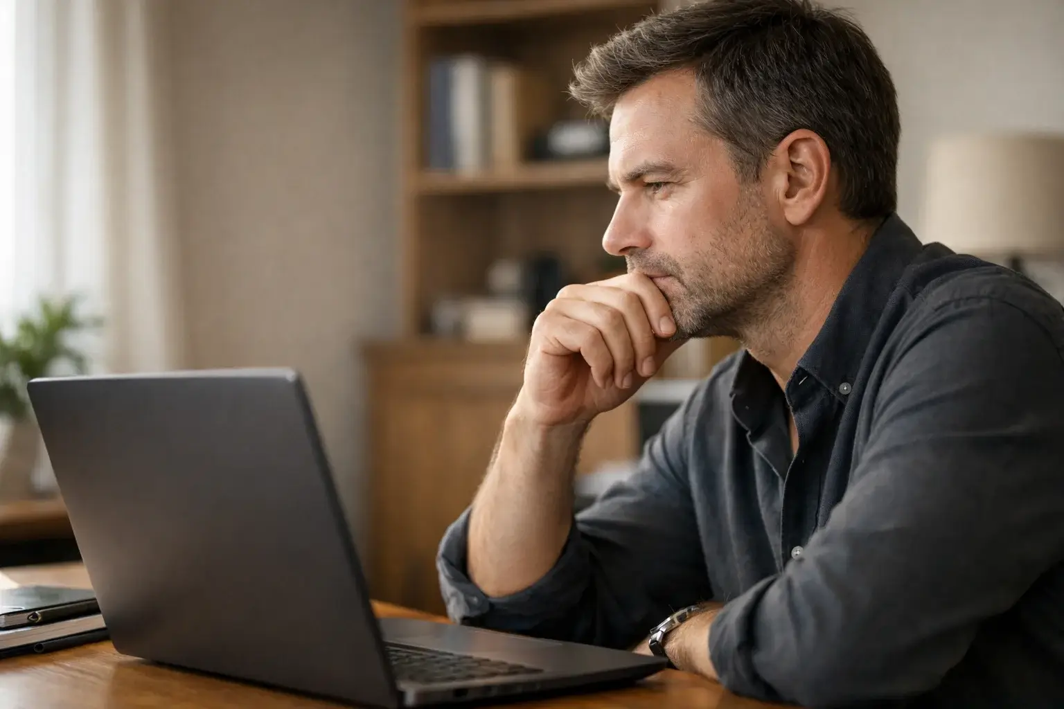 Persona riflette con espressione pensierosa davanti allo schermo