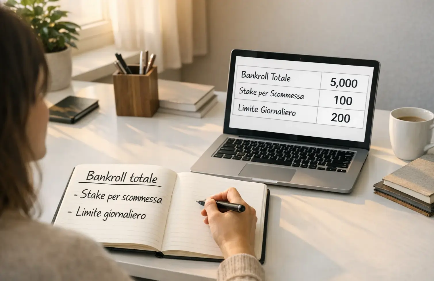 Persona che organizza il proprio bankroll per scommesse sportive