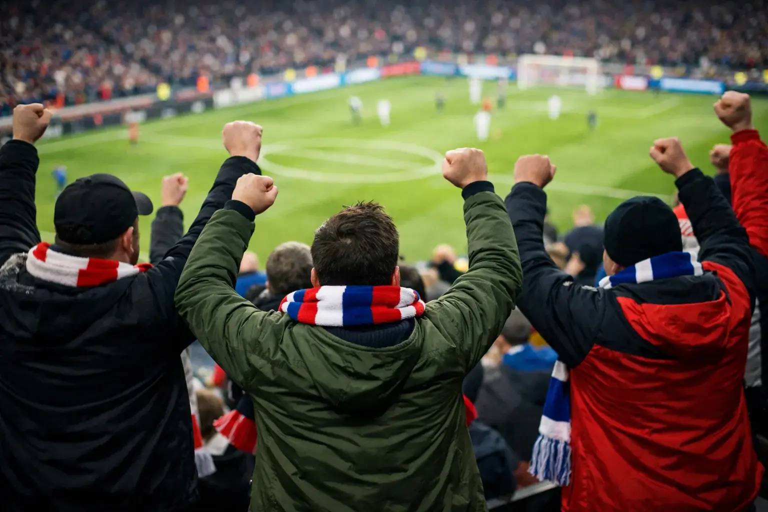Tifosi seguono una partita di calcio dal vivo allo stadio
