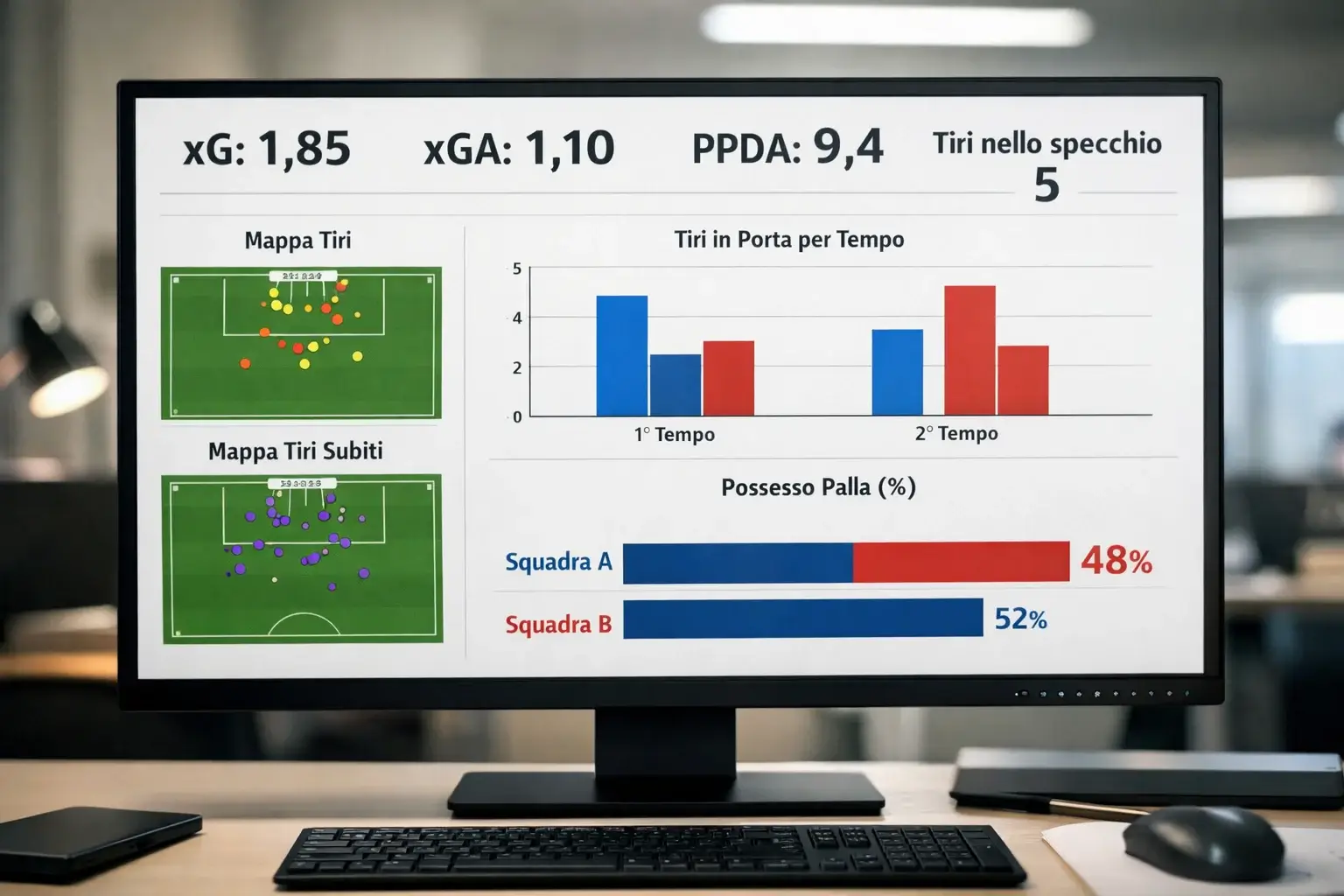 Dashboard con metriche xG e PPDA per analisi calcio