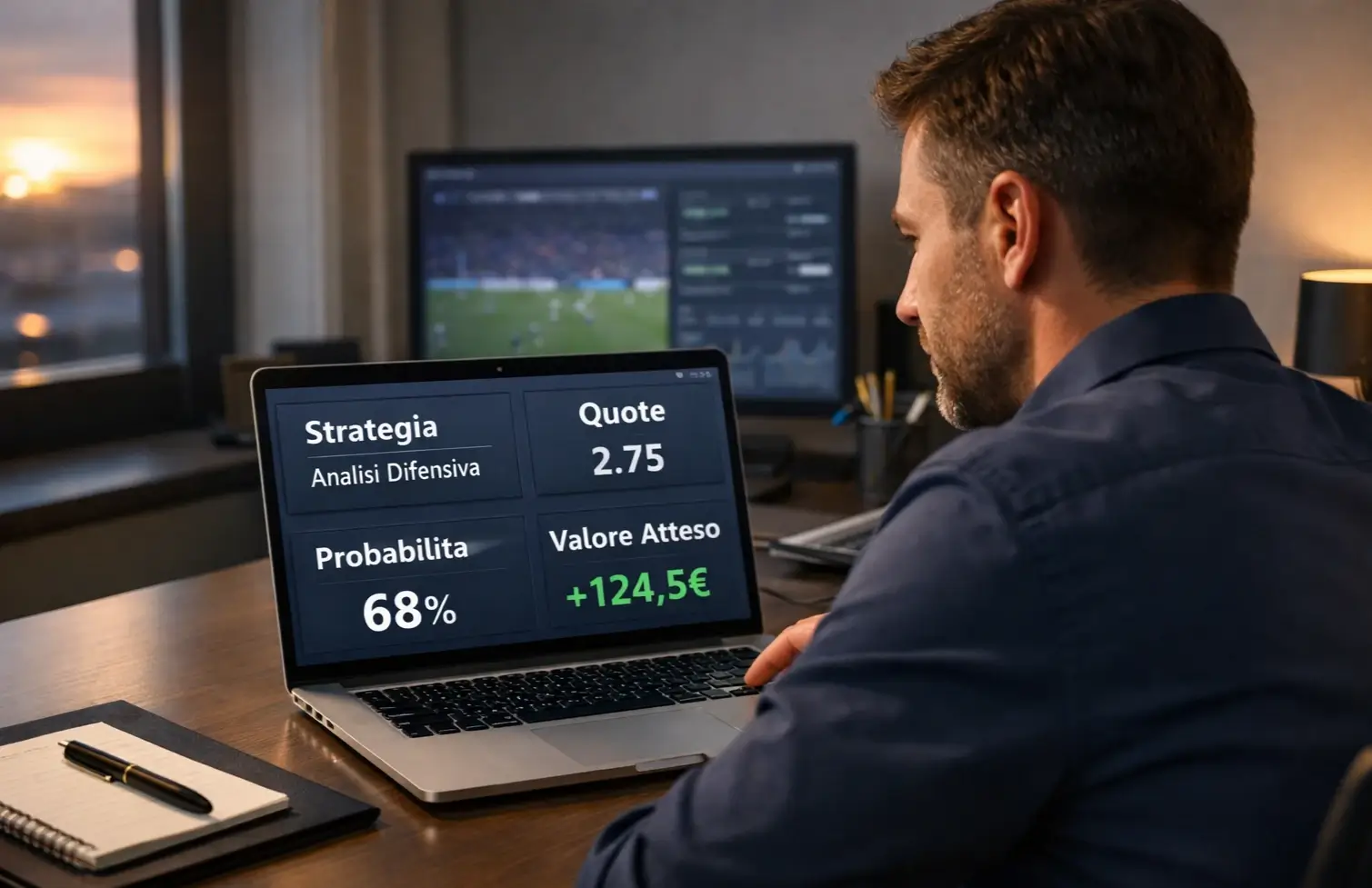 Analista sportivo che studia strategie di scommesse calcio su laptop